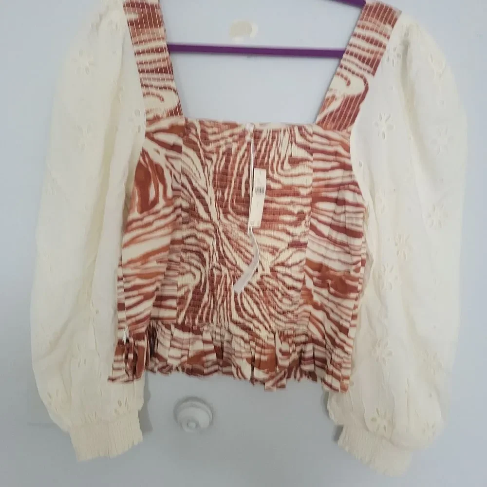 NWT Anthropologie Smocked Puff-Sleeve Blouse | L